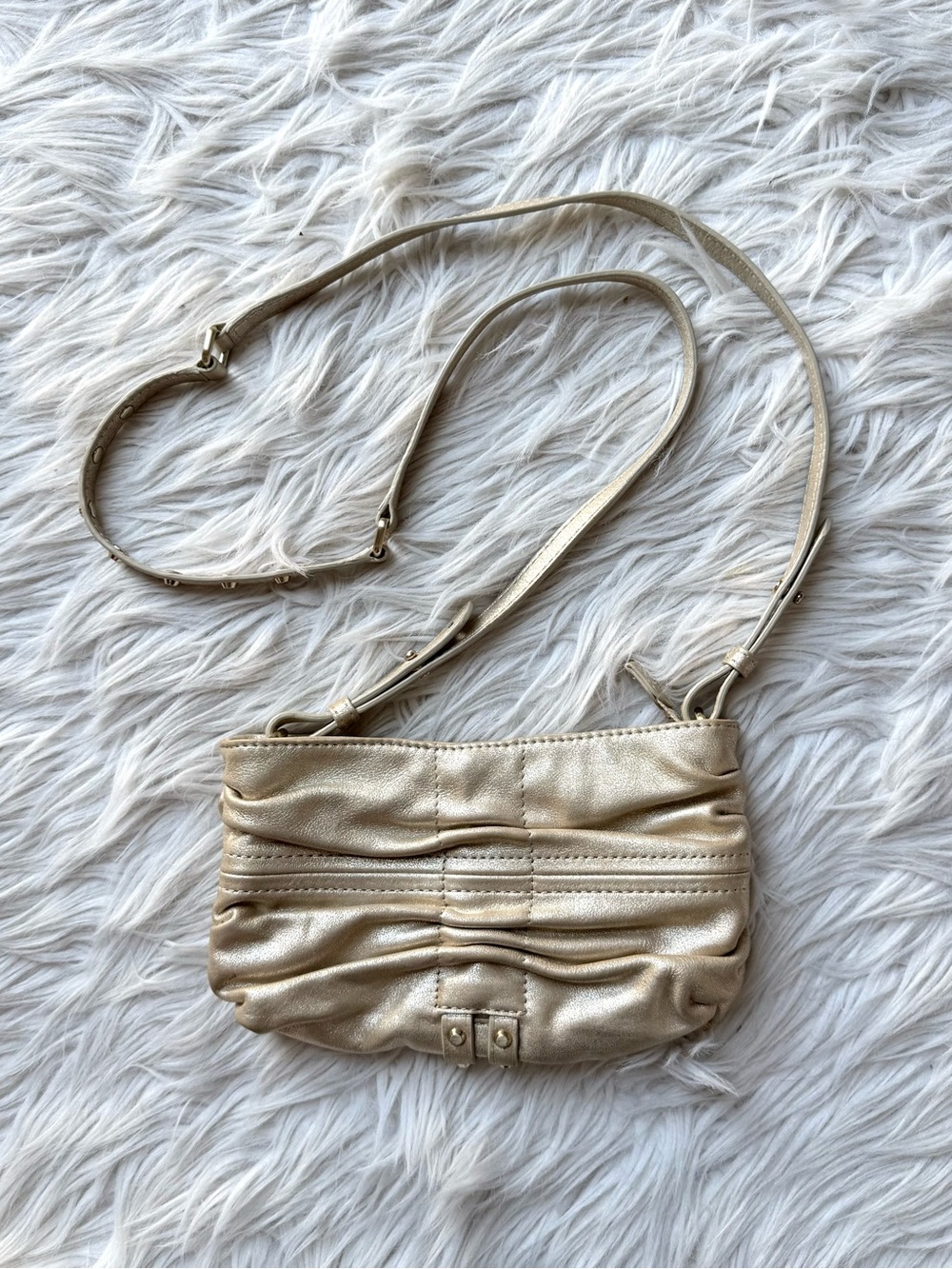Botkier Metallic Gold Crossbody Ruched Studded Grunge Leather Bag Purse Small